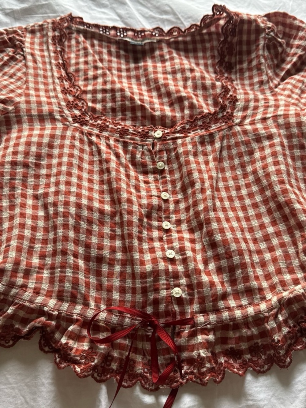 American Eagle Outfitters Red Gingham Button-Front Top with Lace Trim
